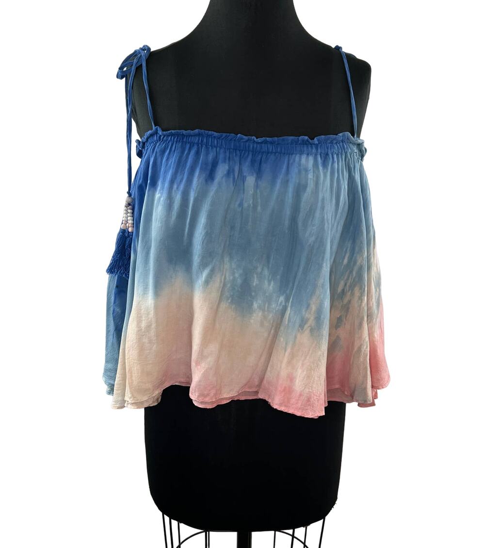 Young Fabulous & Broke YFB Blue Pink Tie-Dye Tie Sleeveless Tassel Blouse S